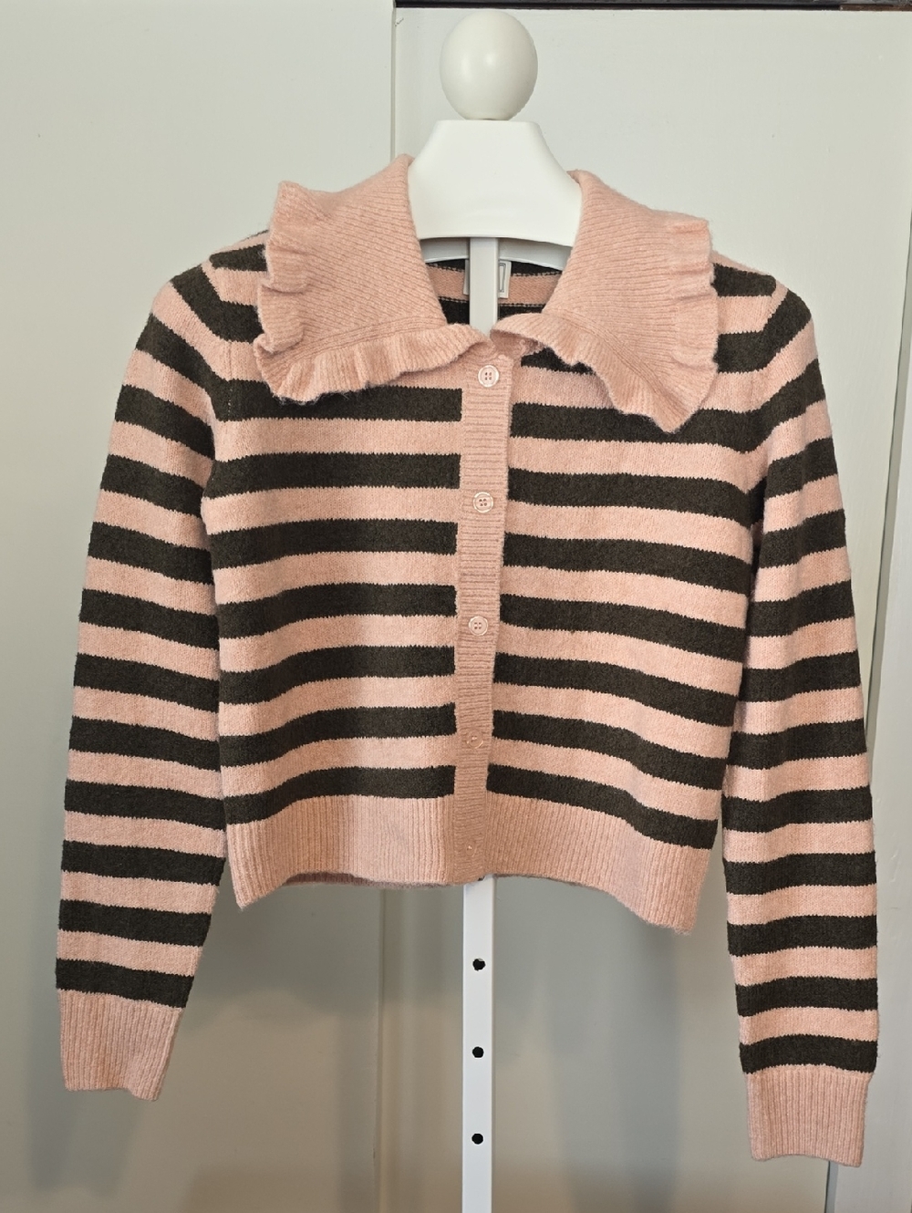 Maeve Small NWT Striped Pink and Brown Ruffle-Collar Sweater Cardigan